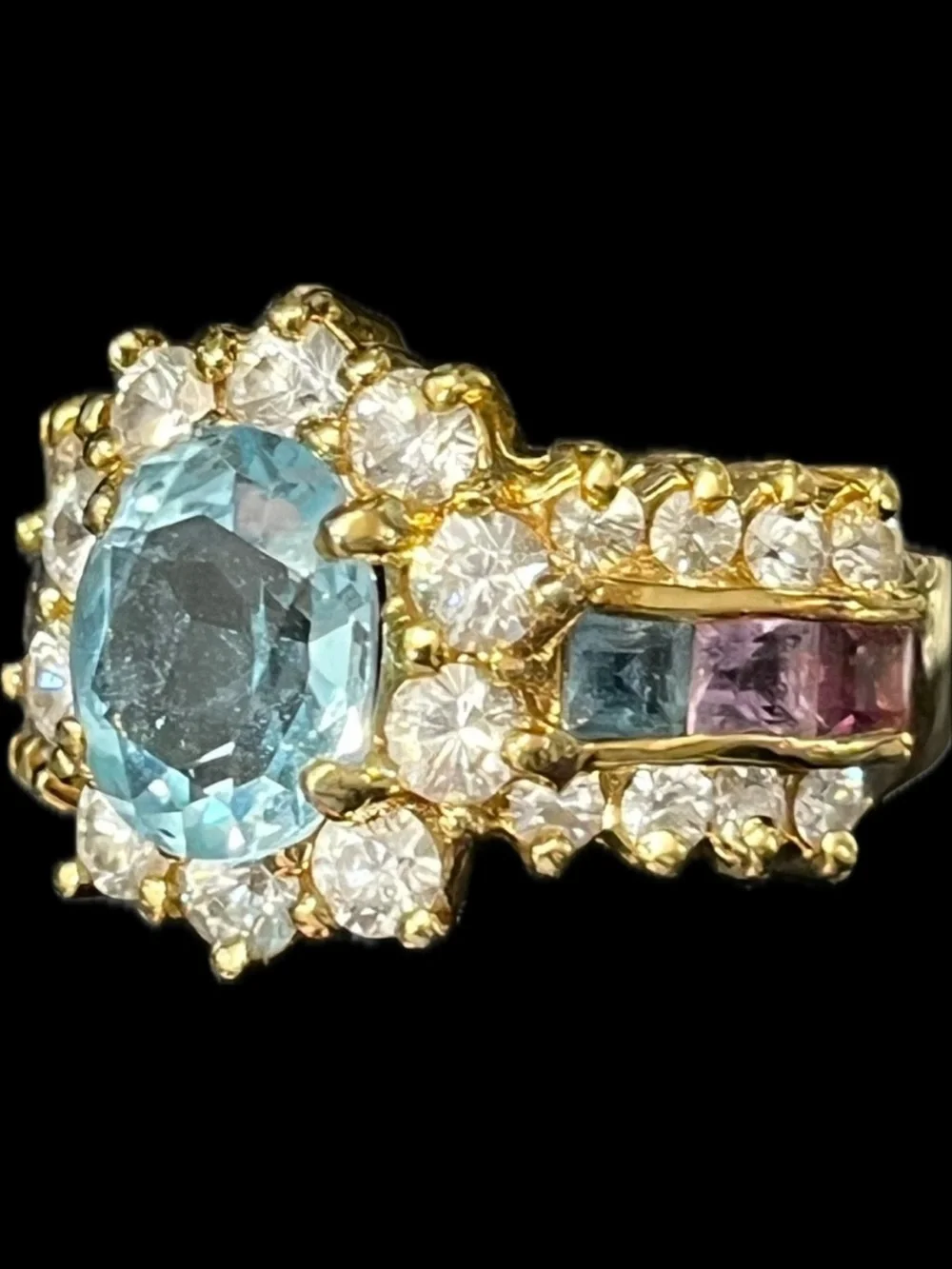 Suzanne Somers vintage blue topaz amethyst garnet gemstone CZ cocktail band ring